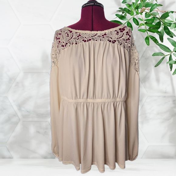 Torrid Studio Crepe Crew Neck Lace Yoke Babydoll Top Blouse - Picture 2 of 11